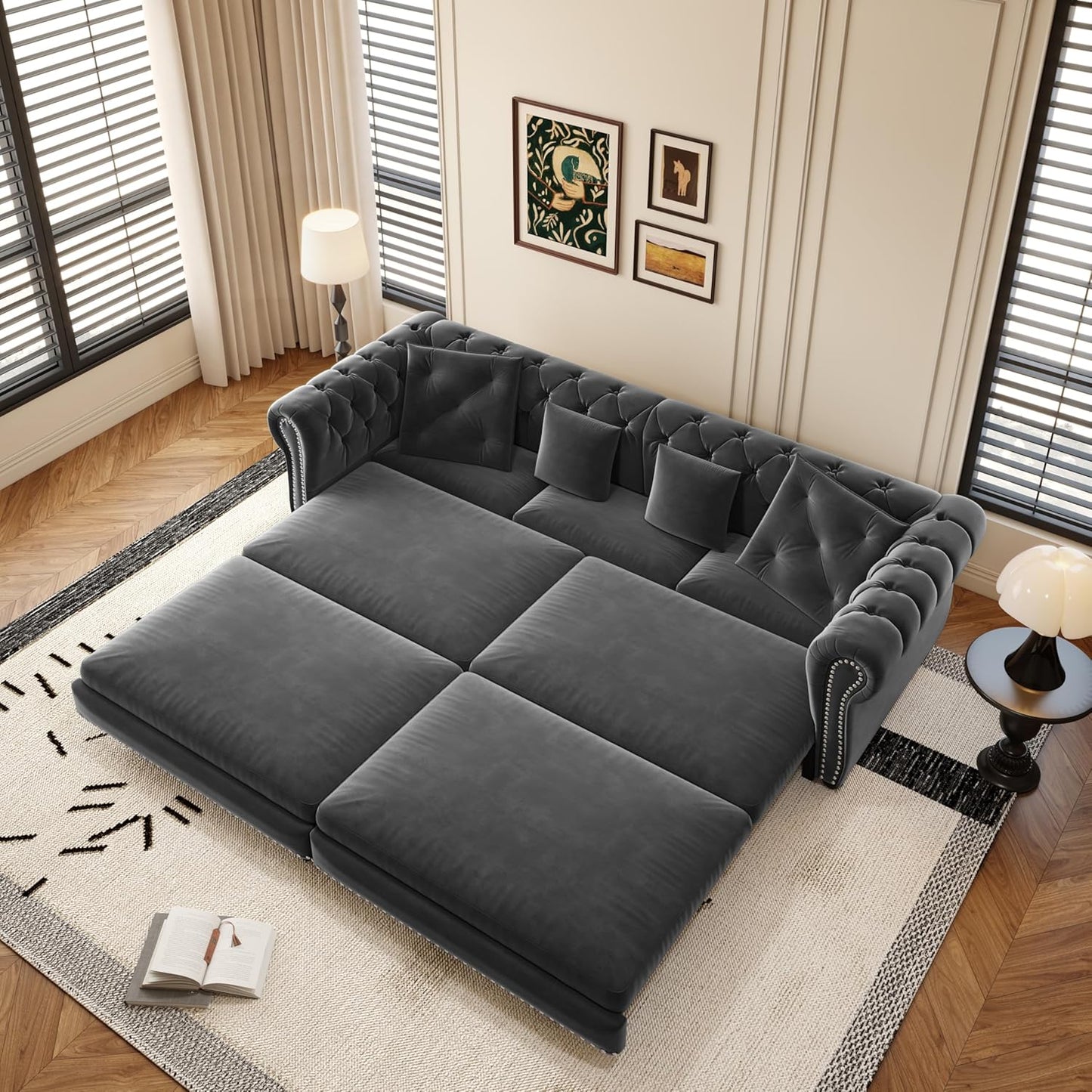 KEIKI 89" W 3-in-1 Pull-Out Convertible Chesterfield Sofa Bed, King Size Velvet Tufted Couch with Movable Ottoman, Chaise Lounge, 3-Seater for Living Room, Bedroom, Office, Gray