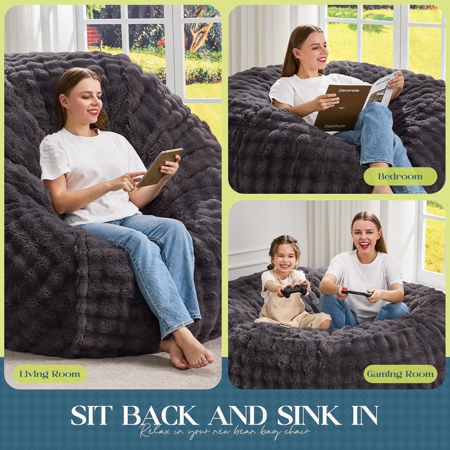 Hobestluk Bean Bag Chairs 6ft Beanbag Chair with Filler Adult Bean Bags with Fluffy & Machine Washable Cover, Giant Bean Bag Chairs for Adults (Dark Grey, 6FT-70" x 70" x 15")