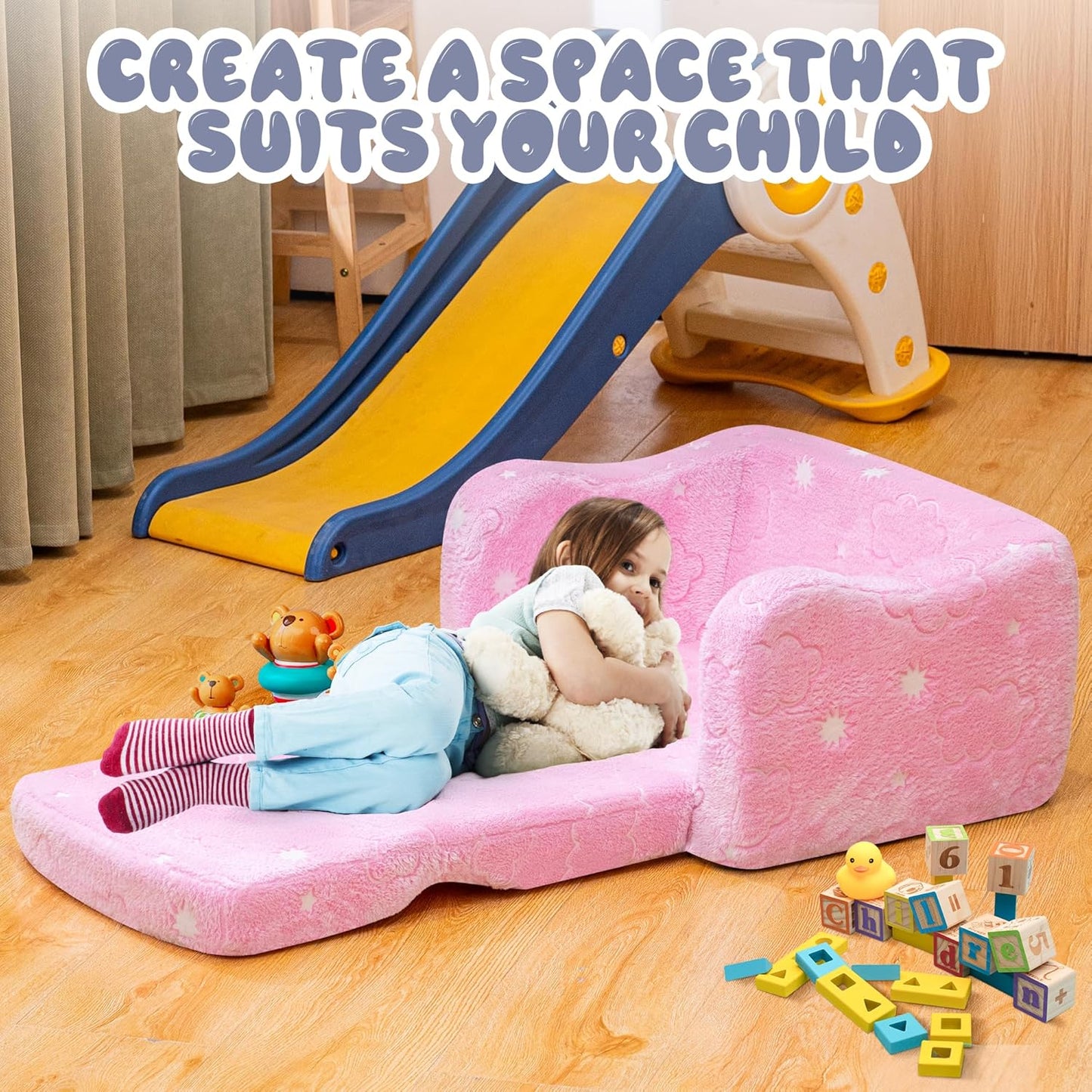 Lamerge 2-in-1 Toddler Couch,Glow in The Dark Baby Floor Bed,Foldable Toddler Chair Kids Sofa for playroom,Convertible Sofa to Lounger for Girls and Boys (Pink and Clouds)