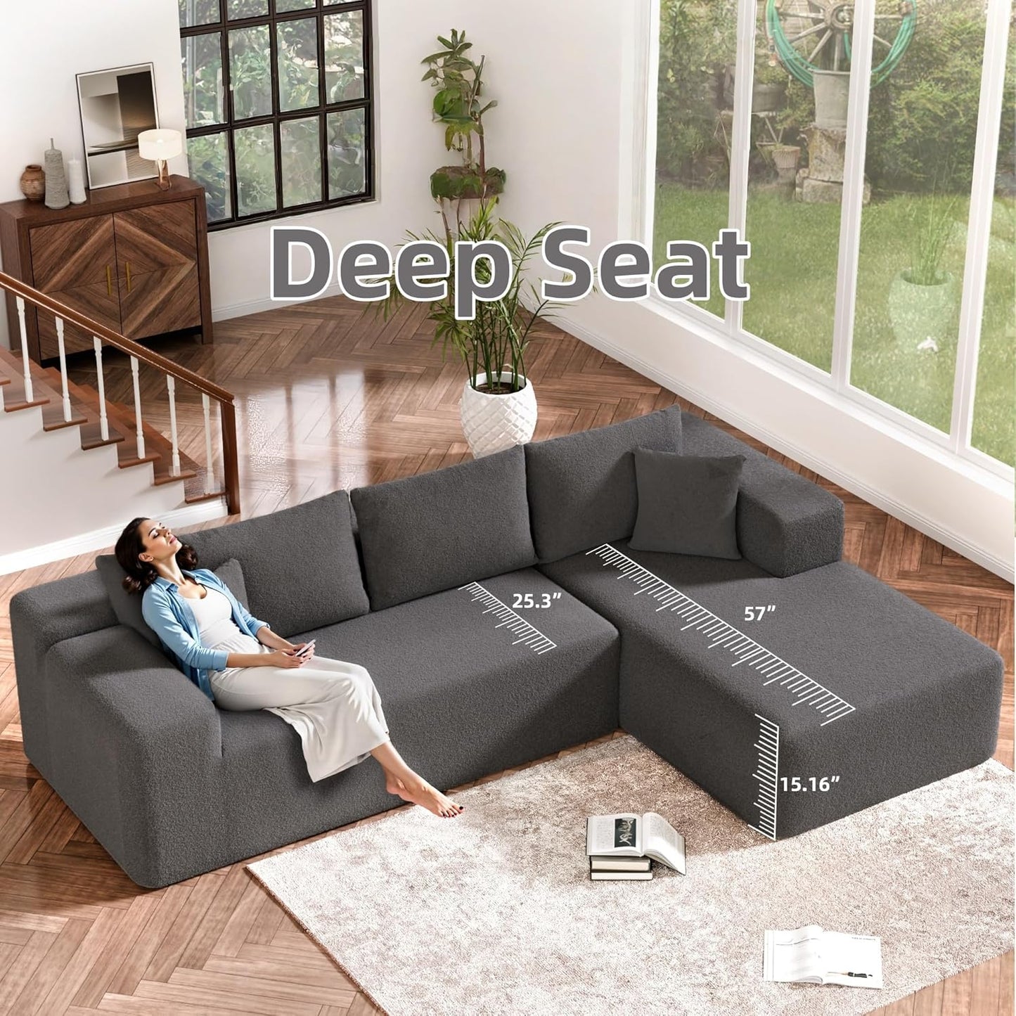 Cloud Sectional Couch, 104”L-Shape Oversized Sofa with Left Chaise Lounge, Modular Sleeper Couch with Pillows & Deep Seat, Rain Drop Velvet Fabric Compressed Sofa for Living Room, Dark Gray