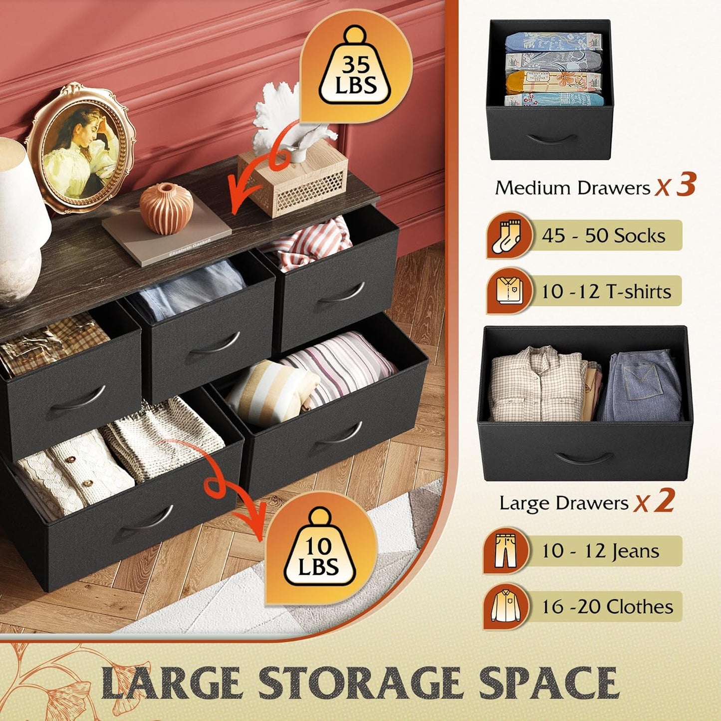 WLIVE Dresser for Bedroom with 5 Drawers, Wide Chest of Drawers, Fabric Dresser, Storage Organizer Unit with Fabric Bins for Closet, Living Room, Hallway, Charcoal Black