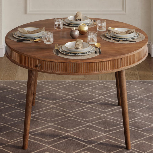 WERMO 47'' Round Dining Table for 4 People - Pre Assembled Round Kitchen Table with 2 Hidden Storages (Walnut)