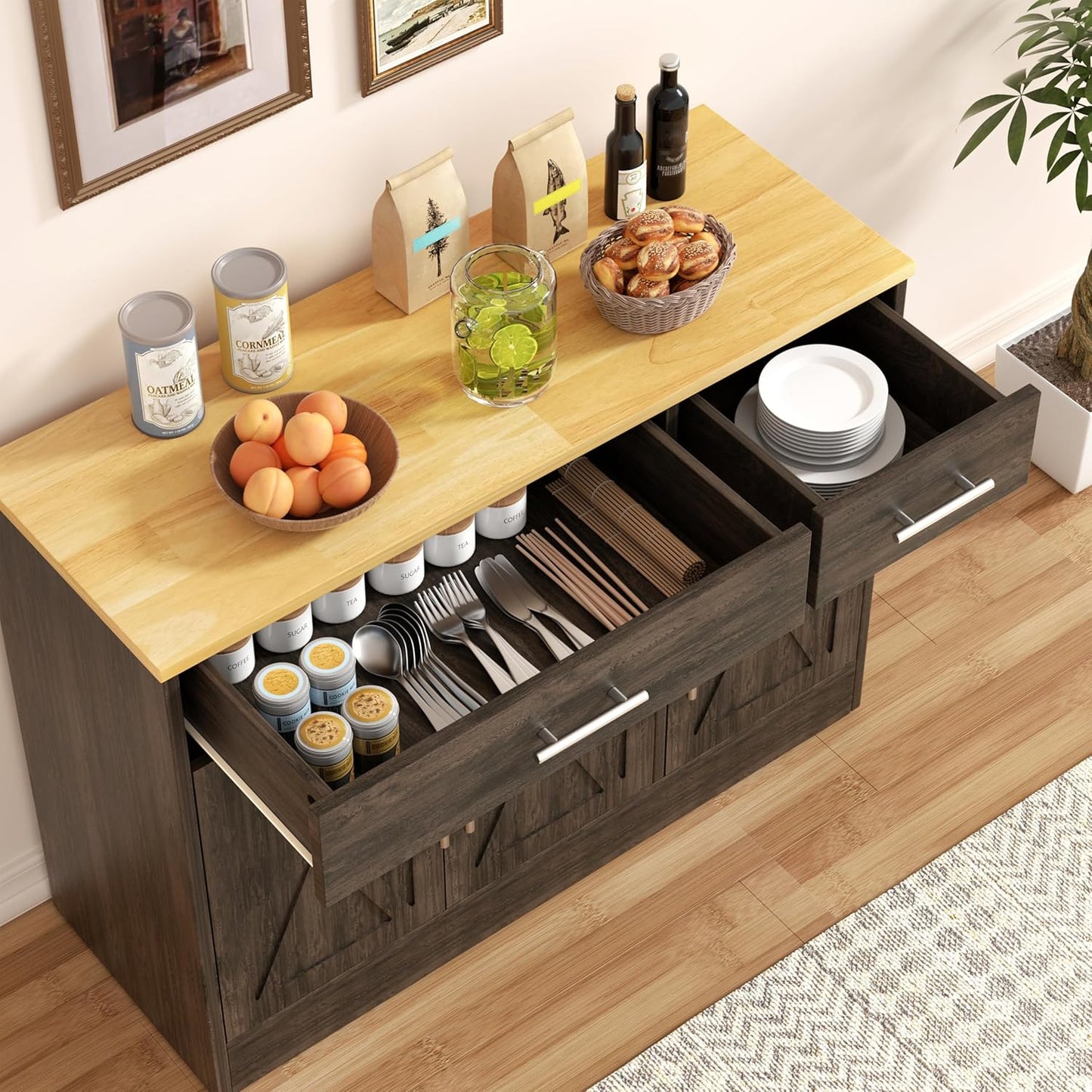 Shintenchi 3 Doors Farmhouse Sideboard Buffet Cabinet,42" Barn Doors Buffet Cabinet with Storage,Wood Coffee Bar Cabinet with Adjustable Shelf for Kitchen,Living Room,Brown