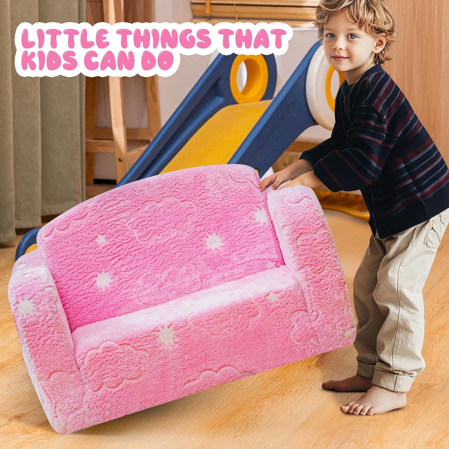 Lamerge 2-in-1 Toddler Couch,Glow in The Dark Baby Floor Bed,Foldable Toddler Chair Kids Sofa for playroom,Convertible Sofa to Lounger for Girls and Boys (Pink and Clouds)