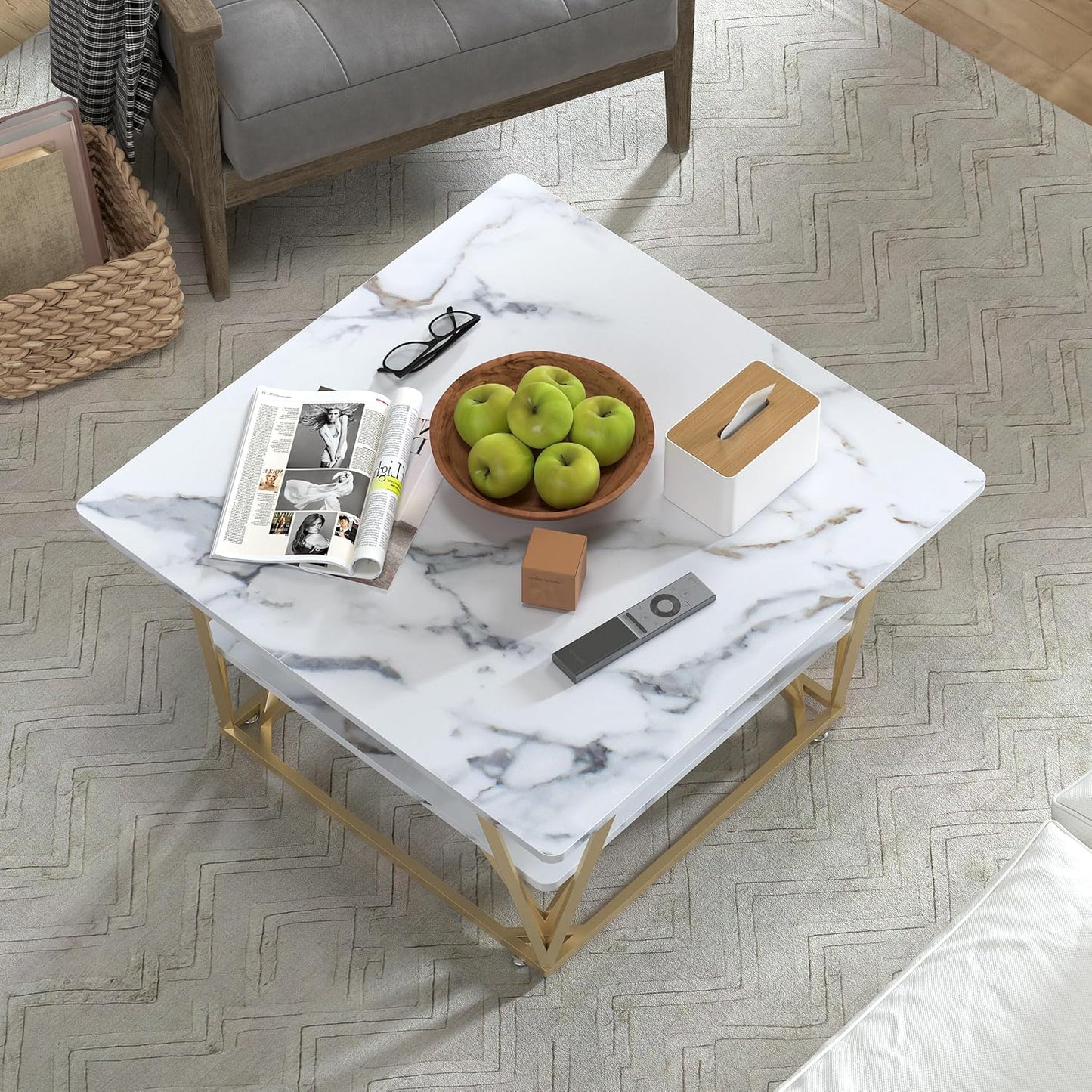 Elephance Square Coffee Table for Living Room, 31.5 Inch Modern Coffee Table with Storage, 2-Tier White and Gold, Wooden Tabletop-Marble White with Gold Frame