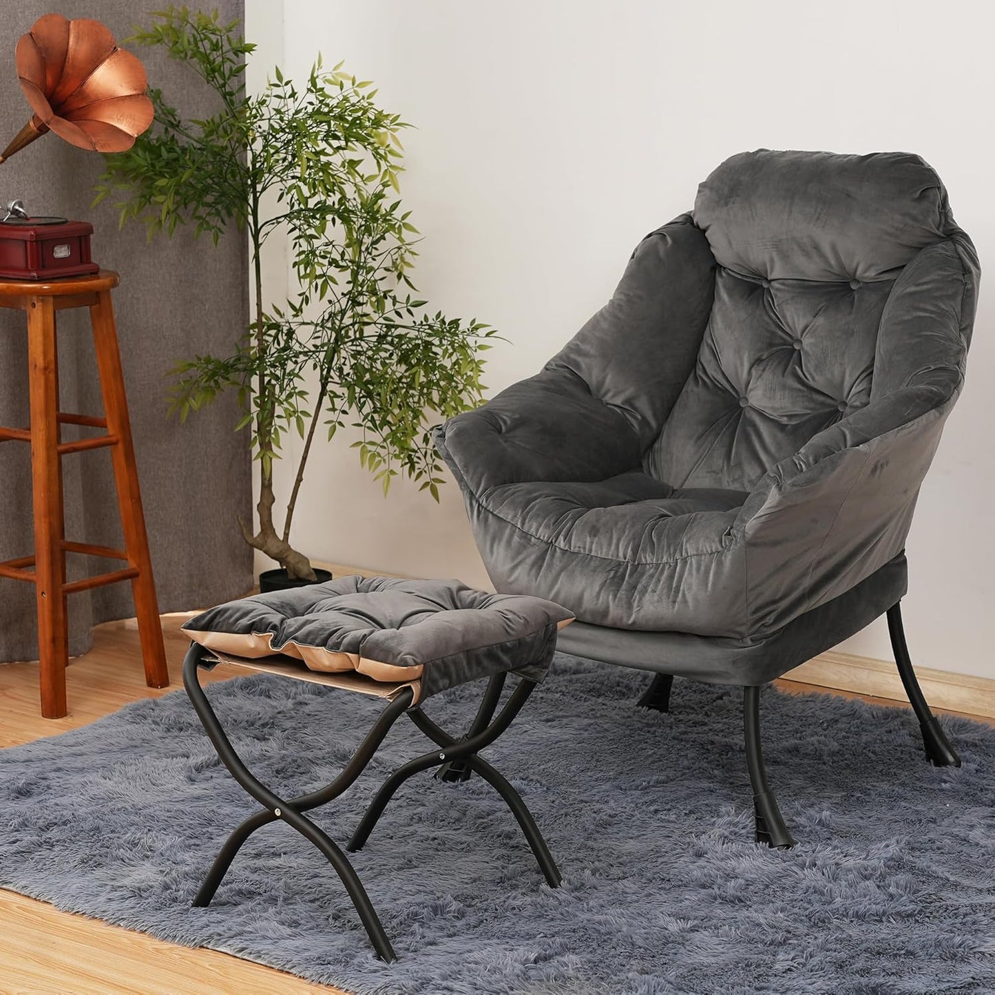 Lazy Chair with Folding Ottoman, Living Room Accent Contemporary Lounge Chair, Single Steel Frame Leisure Sofa with Armrests and Side Pocket (Dark Gray)