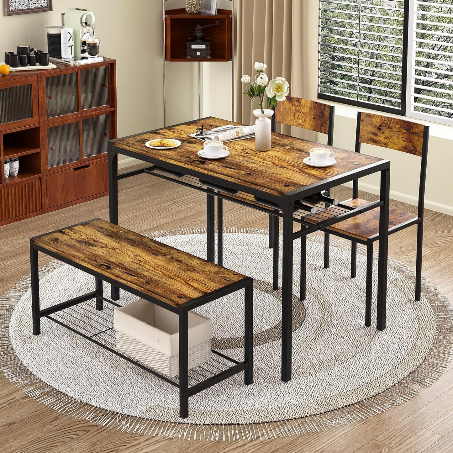 VECELO Kitchen Dining Room Table with 2 Chairs & Bench, Compact Space-Saving Design, Easy Assembly Steel Frame, Perfect for Small Apartments & Breakfast Nooks，Industrial