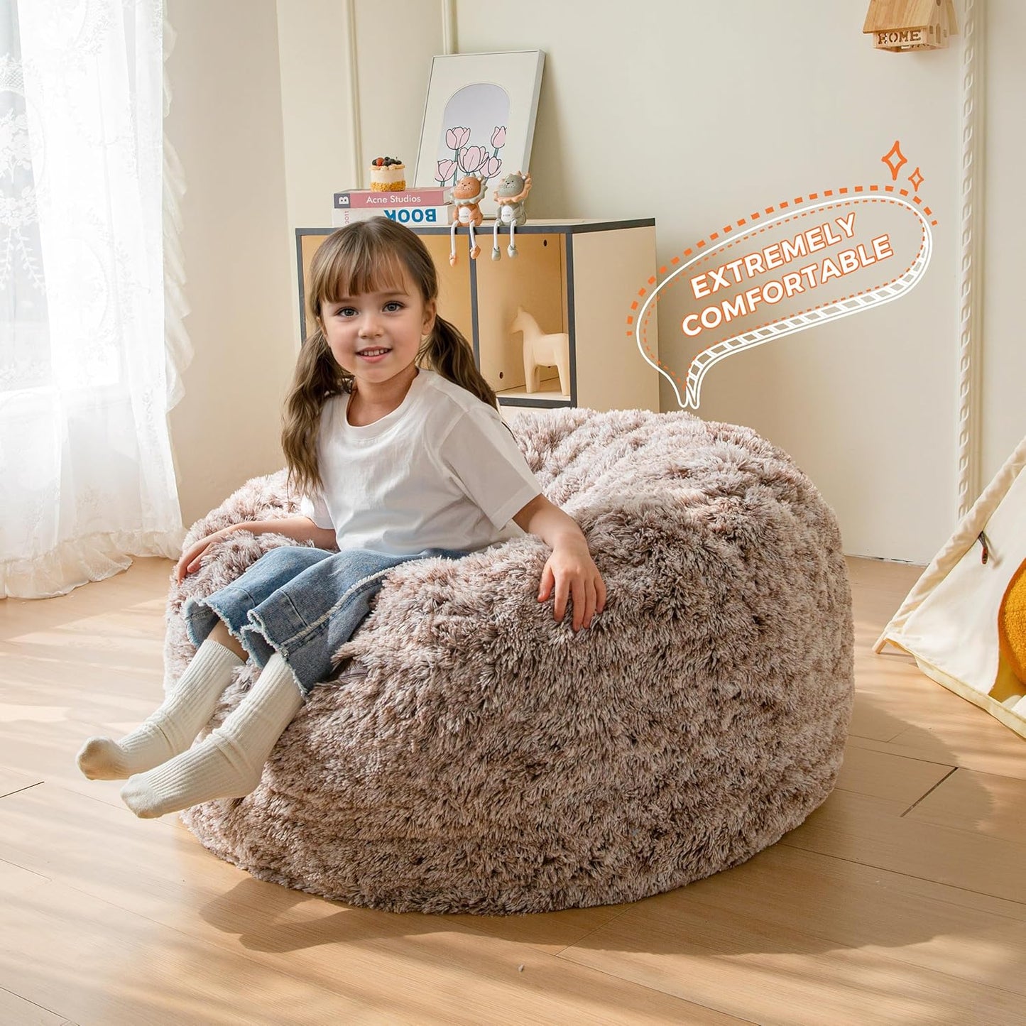 MAXYOYO Kids Bean Bag Chair, Stuffed Faux Fur Bean Bag for Toddler, Ultra Soft Floor Sofa with High-Density Foam Filling, Lazy Chair for Living Room, Playroom, Nursery Room