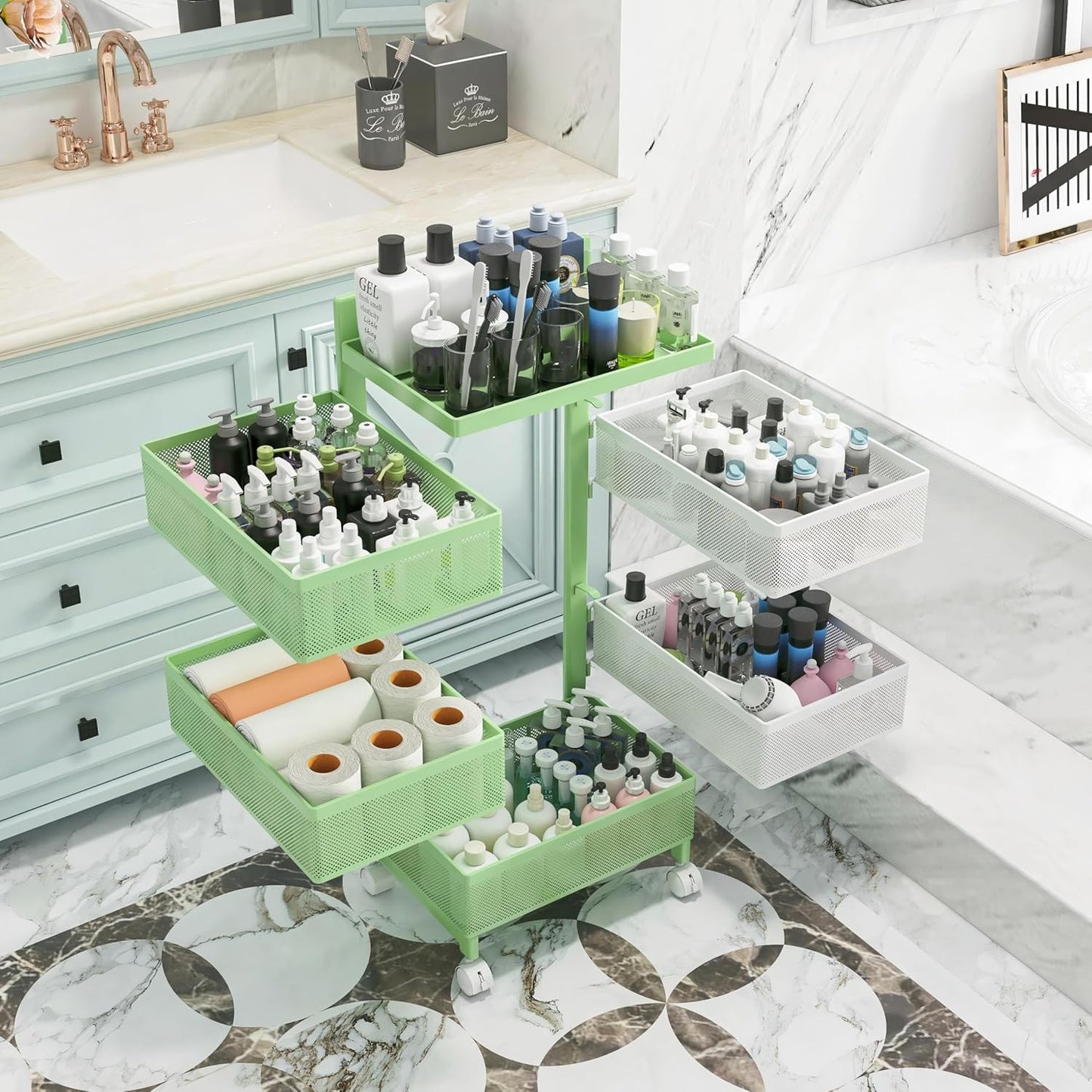 Rotating Kitchen Storage Rack No Assembly, Fruit Basket,Bathroom Storage Cart,Kitchen Organizers and Storage Cart on Rolling Wheels(Green White, 5 Tier-Square)