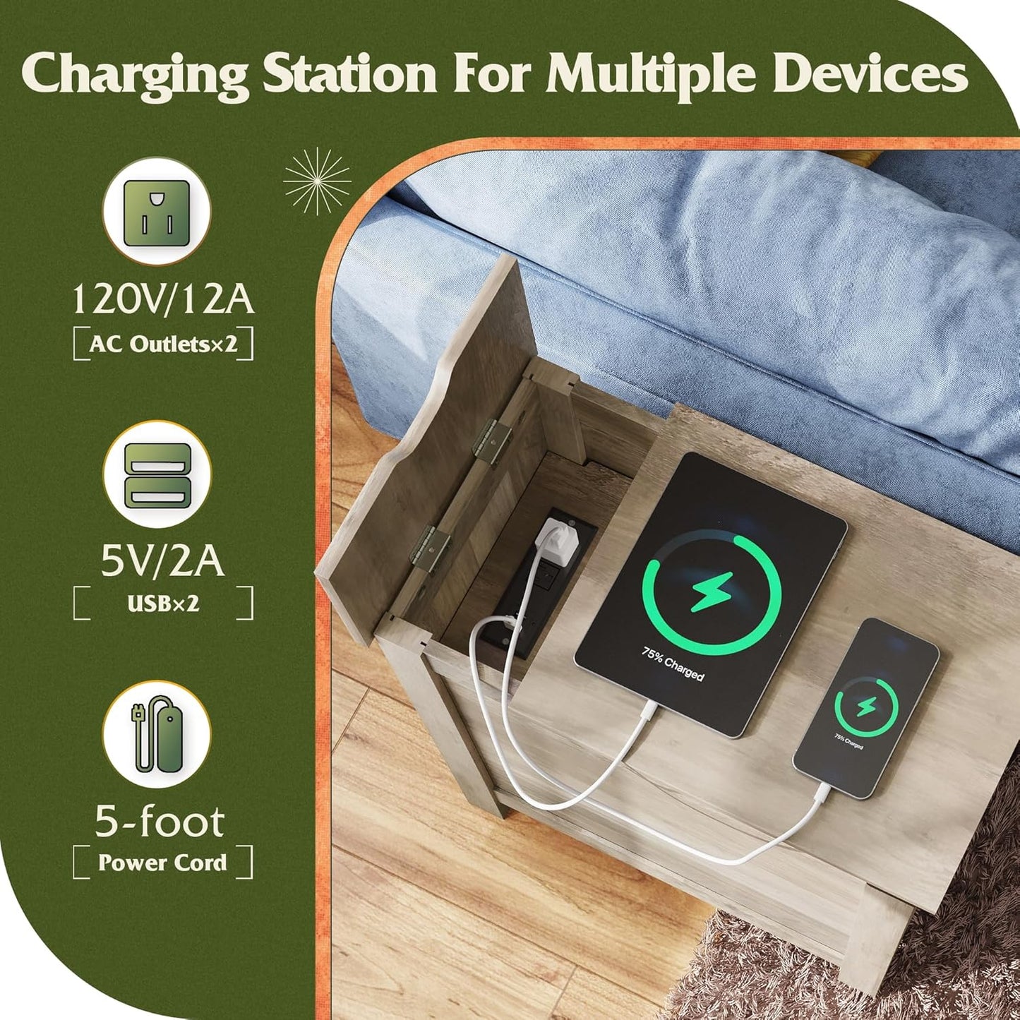 WLIVE Farmhouse End Table with Charging Station, Narrow Side Table for Living Room, Bedroom, Small Nightstand with Storage, USB Ports and Outlets, Small Wooden Cabinet, Greige