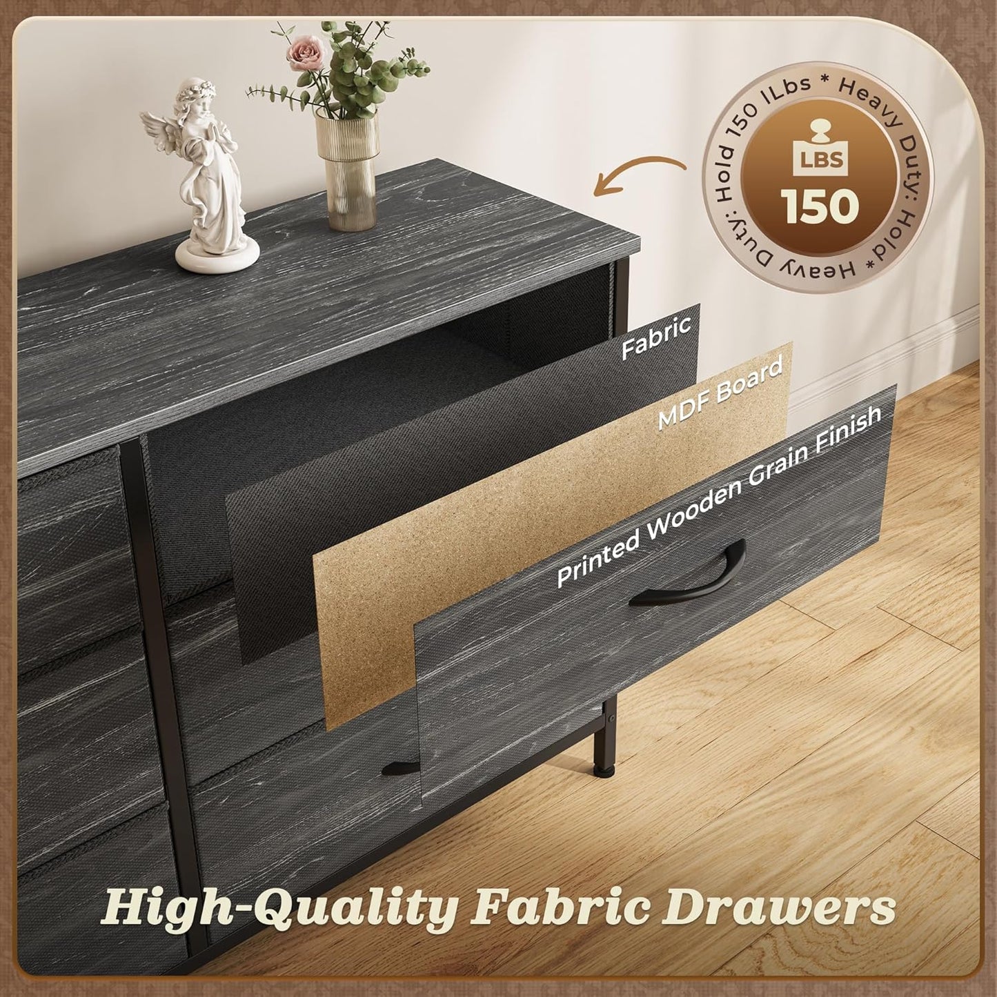 Huuger 70 Inch Dresser for Bedroom, TV Stand for 65, 75, 80 Inch TV, 13 Fabric Drawer Long Dresser, Large Entertainment Center for Bedroom, Wide Chest of Drawer with Storage, Charcoal Black