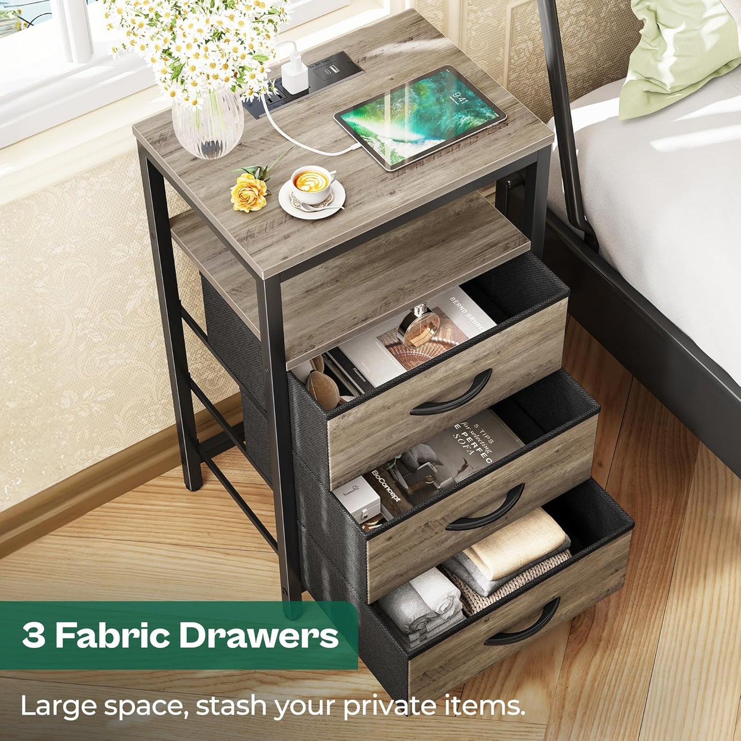 Huuger Nightstand with Charging Station, 27.6 Inch End Table Bedside Table with USB Ports and Outlets, Night Stand for Bedroom, Fabric Drawers, Oak