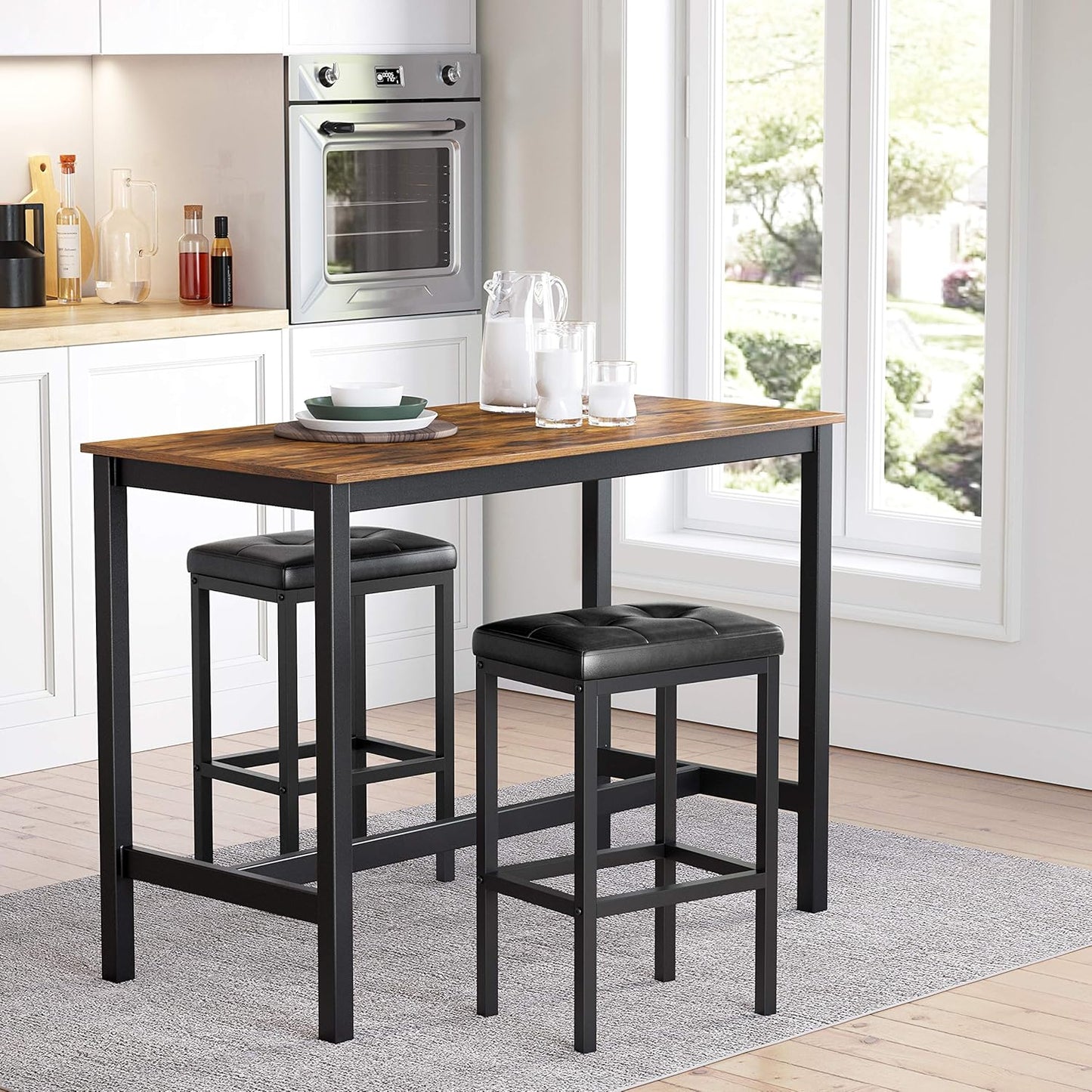 VASAGLE Bar Stools, Set of 2 PU Upholstered Breakfast Stool, 15.7 x 11.8 x 24.4 Inches, Backless, Simple Assembly, Industrial, Dining Room Kitchen Counter Bar, Black Seat and Black Frame ULBC068B81