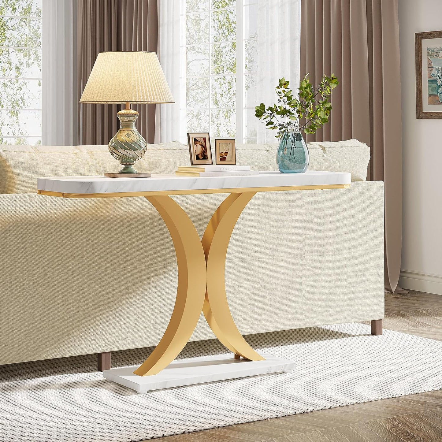 LITTLE TREE Narrow Entryway Console Table, Small, White+Gold