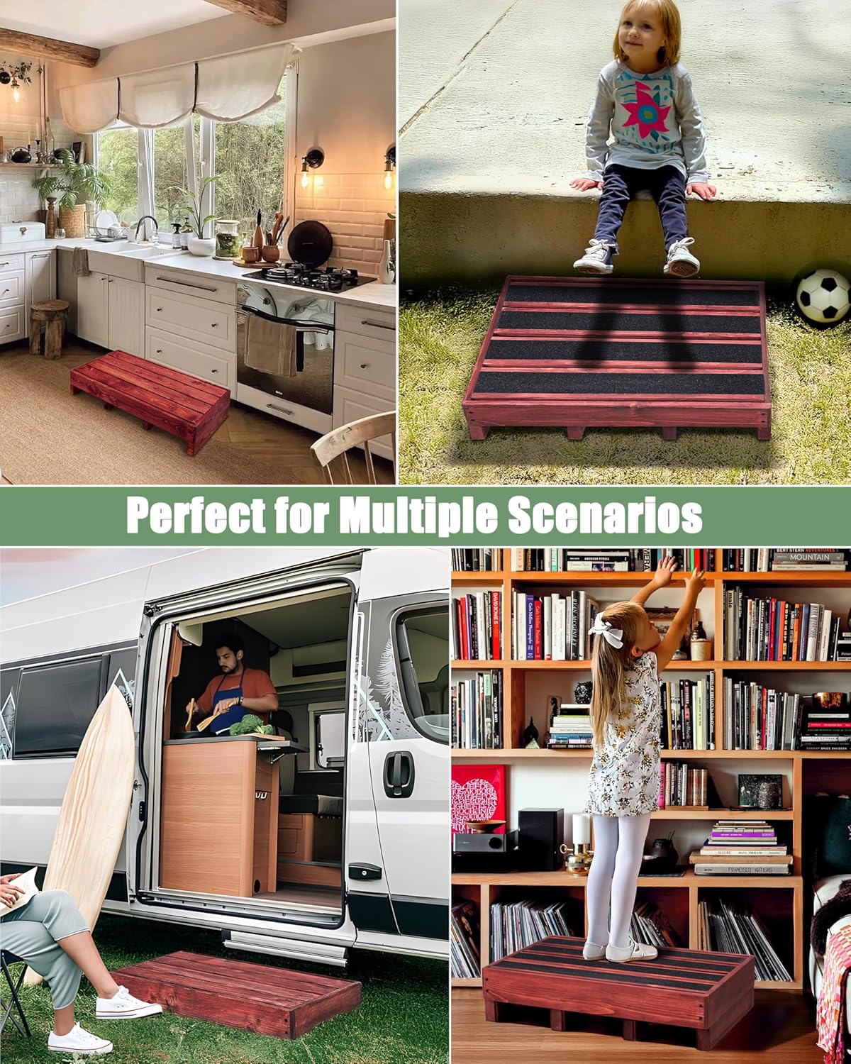 3.4"/5.9" Heightable Wooden Outdoor Step, 100% Handmade Step Stools for Adults with 4 Additional Legs & Anti-Slip Traction Tape, One Step Stool for Elderly, Adults, Kids (25" L x 16" W)