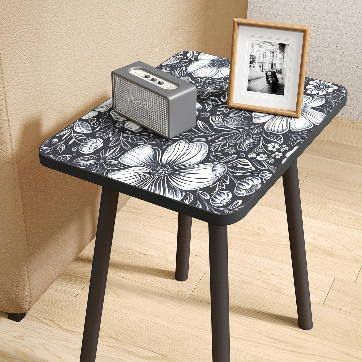 Mandala Small Rectangle End Table, Side Table with Black Flowers Finish, Retro Modern Small Coffee Table for Balcony, Living Room(11.8" D x 15.7" W x 17" H, Black, Rectangle)