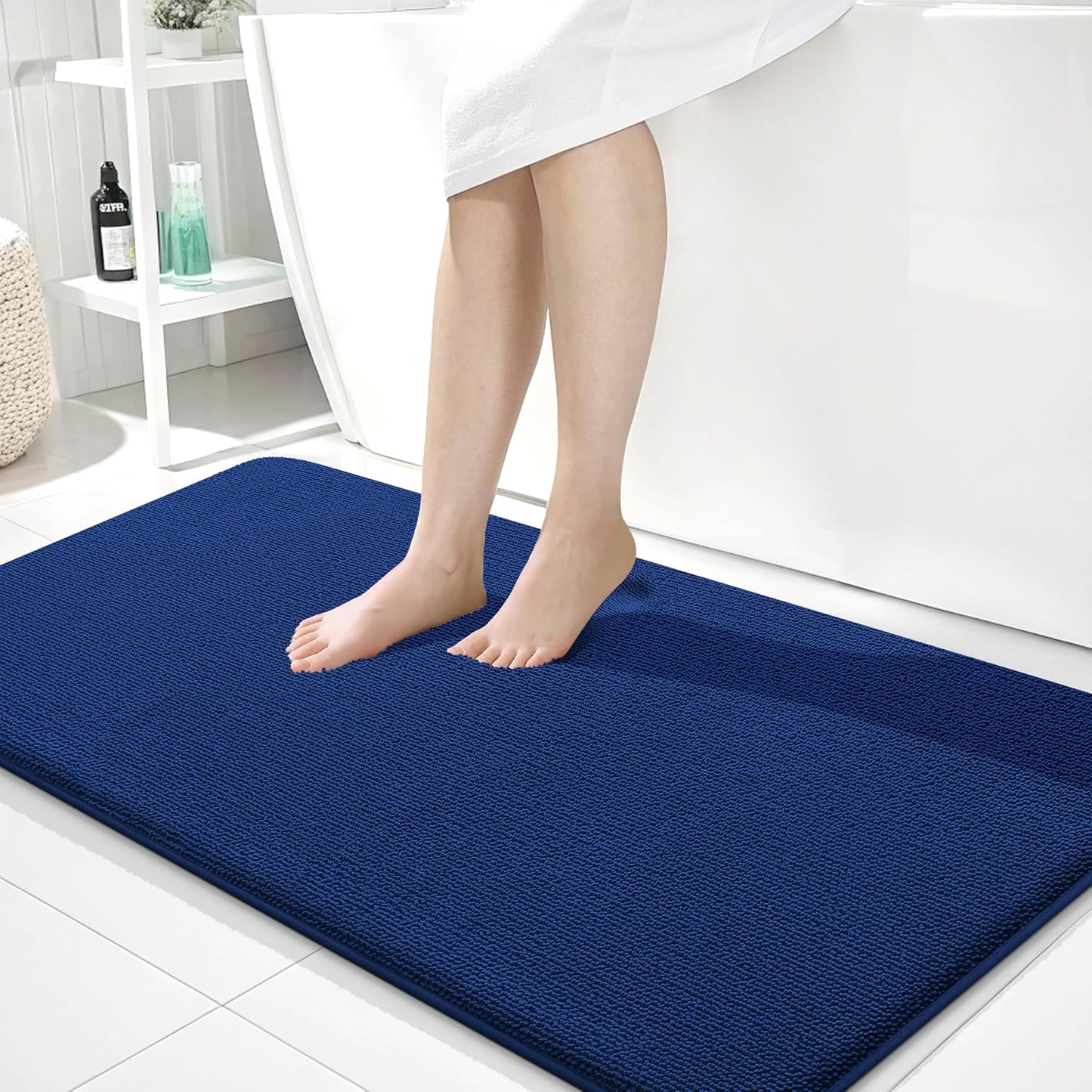 OLANLY Thick Memory Foam Bath Mat Rug 44x24, Extra Soft Absorbent Bathroom Rug, Quick Dry Bath Mats, Non-Slip, Machine Washable Carpet for Bathroom, Tub and Shower, Home Decor Accessories, Navy
