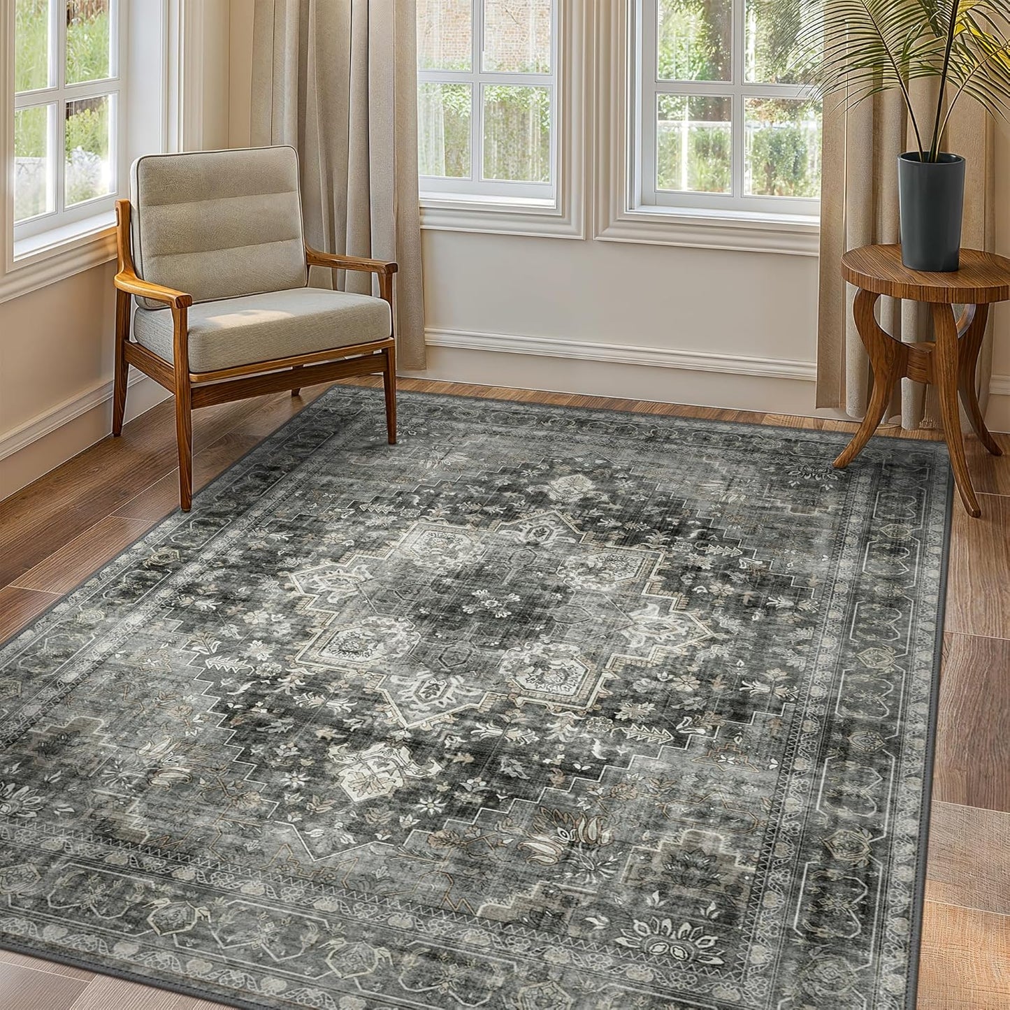 GENIMO 7'6''x9'6'' Area Rugs for Living Room, Machine Washable Non Slip Vintage Rugs, Low Pile Lightweight Chenille Print Rug for Bedroom, Dining Room, Home Office,Charcoal Gray