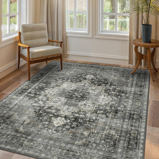 GENIMO 7'6''x9'6'' Area Rugs for Living Room, Machine Washable Non Slip Vintage Rugs, Low Pile Lightweight Chenille Print Rug for Bedroom, Dining Room, Home Office,Charcoal Gray