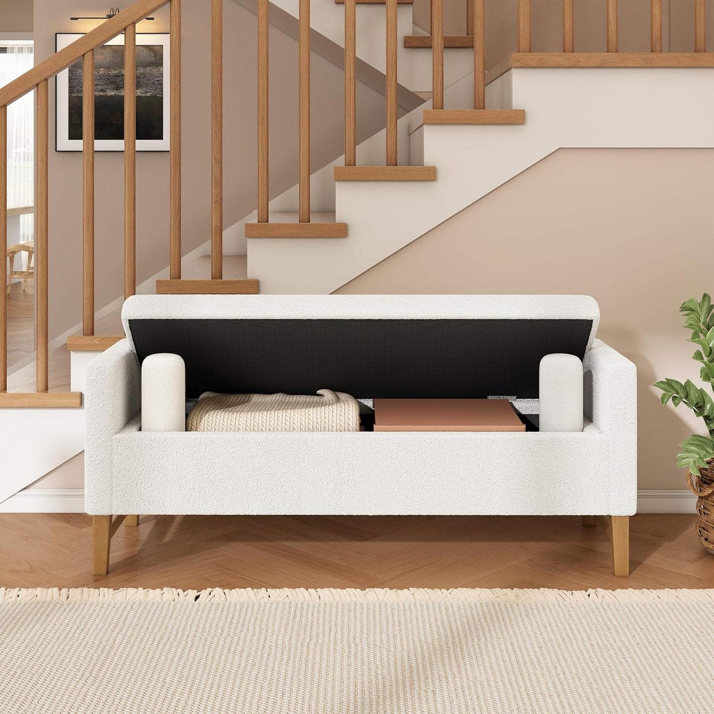 Merax Boucle Upholstered Storage Ottoman Bench 50.8" End of Bed Bench with 2 Round Pillows & Solid Wood Legs, Ample Hidden Storage Space, for Entryway Bedroom, Ivory