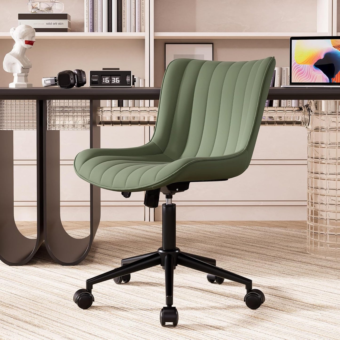 YOUNIKE Armless Home Office Desk Chair with Wheels Compact Comfy Vanity Chair with Adjustable Back Modern Small Leather Upholstered Rolling Swivel Cute Task Drafting Sewing Chair No Arms Olive Green