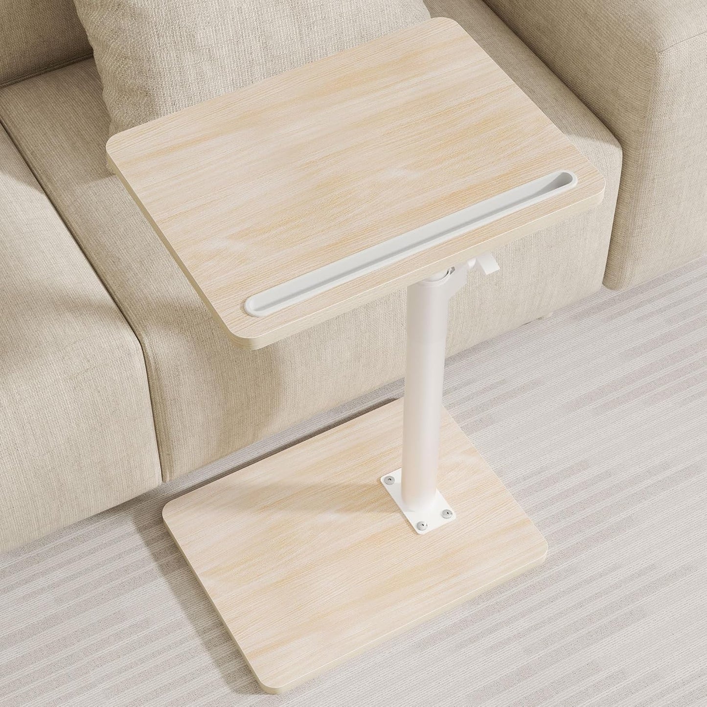 Sofa Armrest Tray Table for Couch - 360° Swivel Height Adjustable End for Small Spaces, Snack Side Table for Bed or Chair with Phone & Tablet Slot (Oak,Standard)