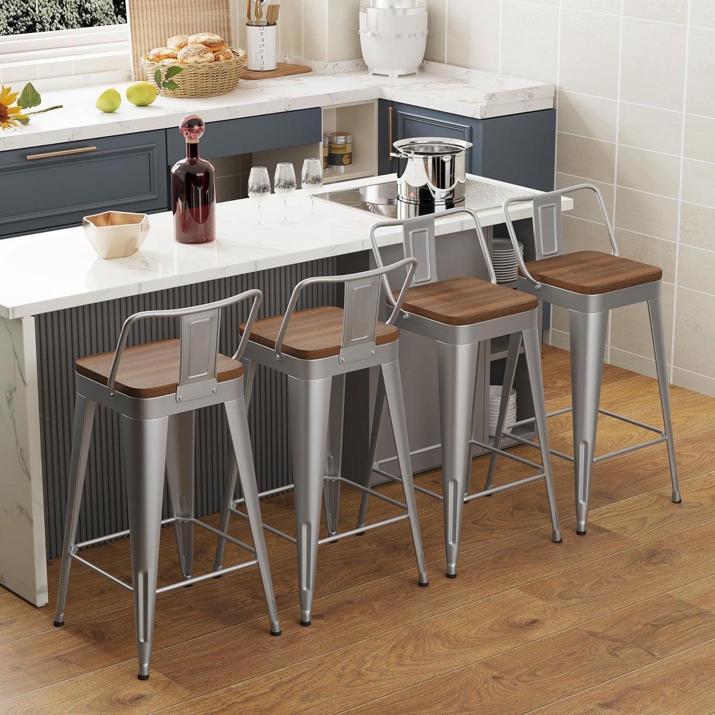 WENTMENT Bar Stools Set of 4 Counter Height Stools with Removable Back 24" Kitchen Bar Stools with Wooden Seat, Silver