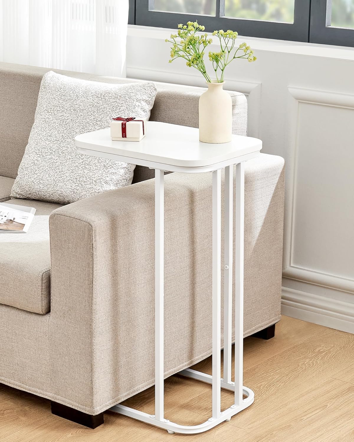 C Shaped End Table Set of 2, Small Side Table for Sofa and Bed, Couch Tables That Slide Under, Tall Tv Tray Table for Living Room, Bedroom, Snow White