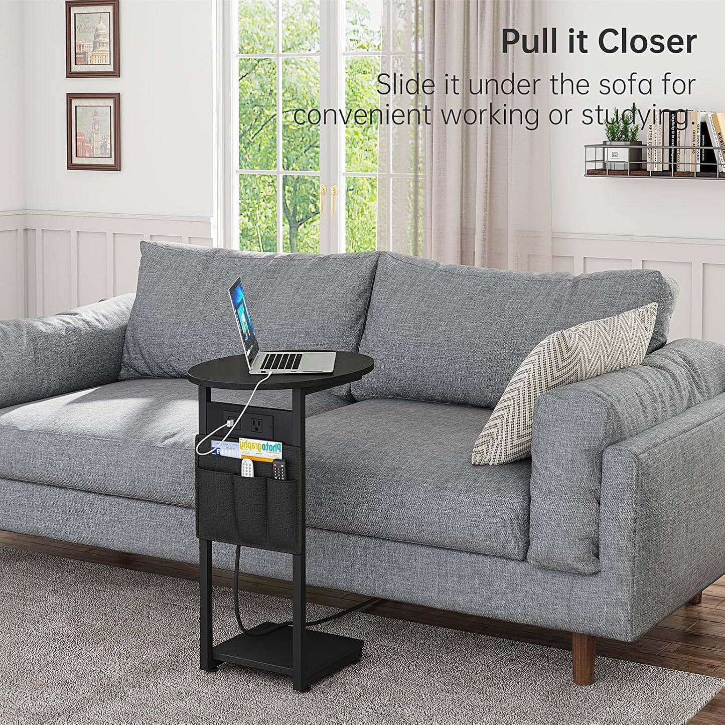 Vagusicc C Shaped End Table with Charging Station, Small Side Table for Couch, TV Tray Slide Under Sofa Table for Living Room Bedroom, Round Couch Side Table C Table for Sofa, Black