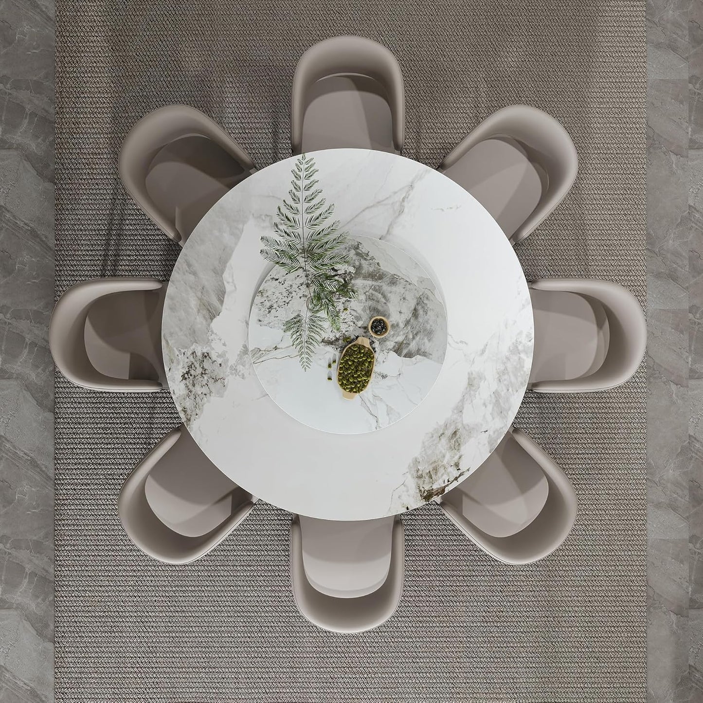 Ball & Cast 9-Piece Dining Set,Faux Marble Table with Detachable Rotating Tray & 8 PU Leather Chairs,Modern Kitchen Dining Room Table Set w/Stainless Steel Base,for Restaurant & Home,Grey