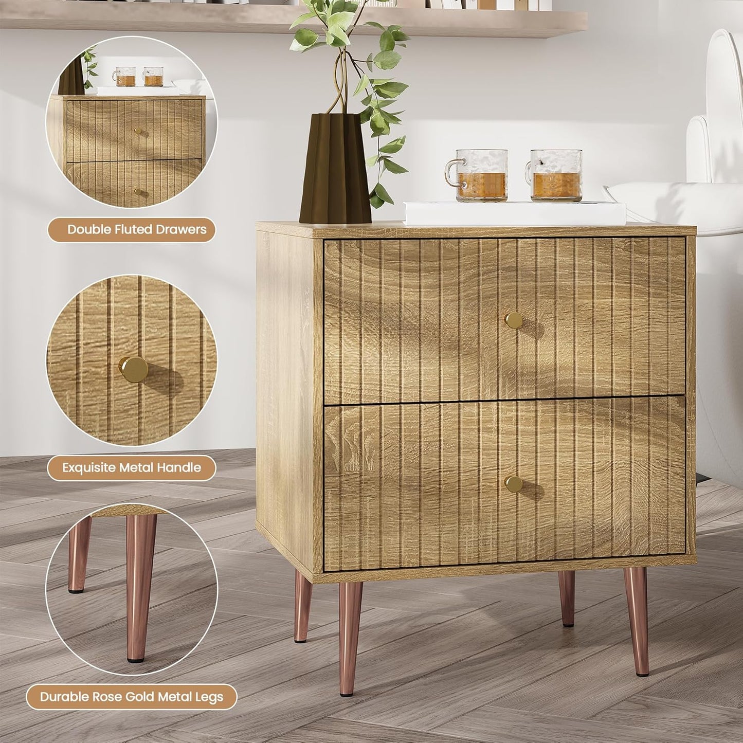 Black Night Stand Set 2,Fluted Nightstand with Door and Open Storage Space,Modern Bedside Table and Wood End Side Table with Golden Metal Legs and Handles for Bedroom,Black (Wood, 2 Drawers)