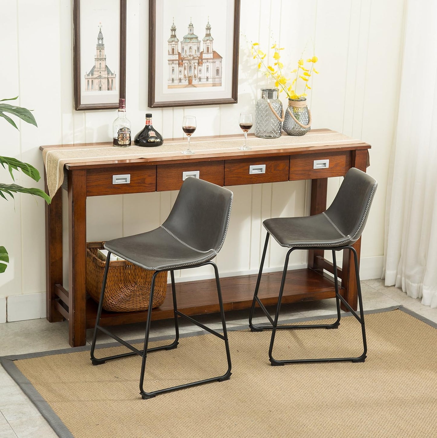 Roundhill Furniture Vintage PU Leather Bar Stools, Antique Gray, Set of 2