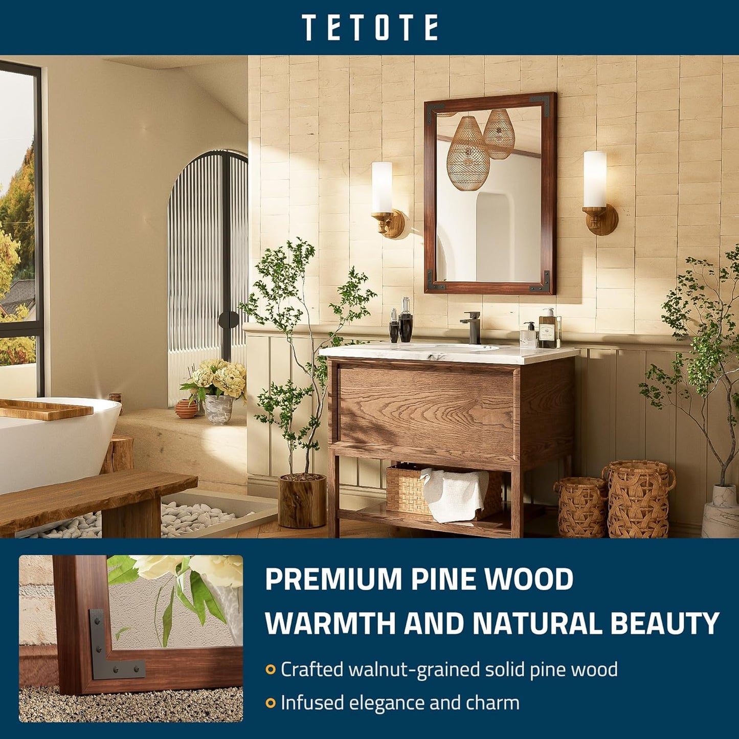 TETOTE 22 x 30 Walnut Wood Mirror for Bathroom Wall/Bedroom/Living Room/Entryway Farmhouse Rustic Bathroom Vanity Mirror for Wall Waterproof (Horizontal/Vertical Mounted)