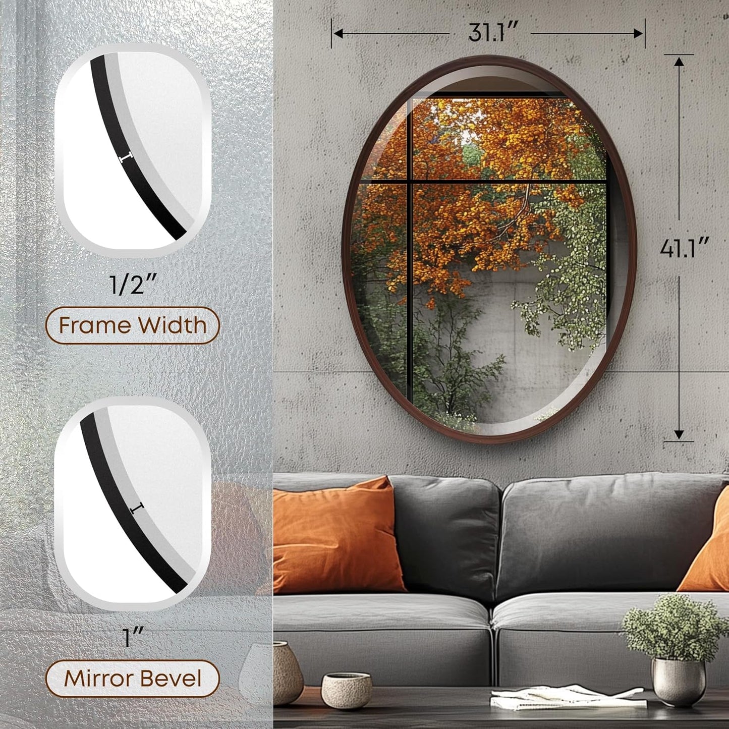 OVALCREST - Oval Wooden Beveled Wall Mirror for Home Decor, Bathroom, Vanity, Bedroom, Living Room, Hallway - London Style (Black Walnut) 31.1 x 41.1