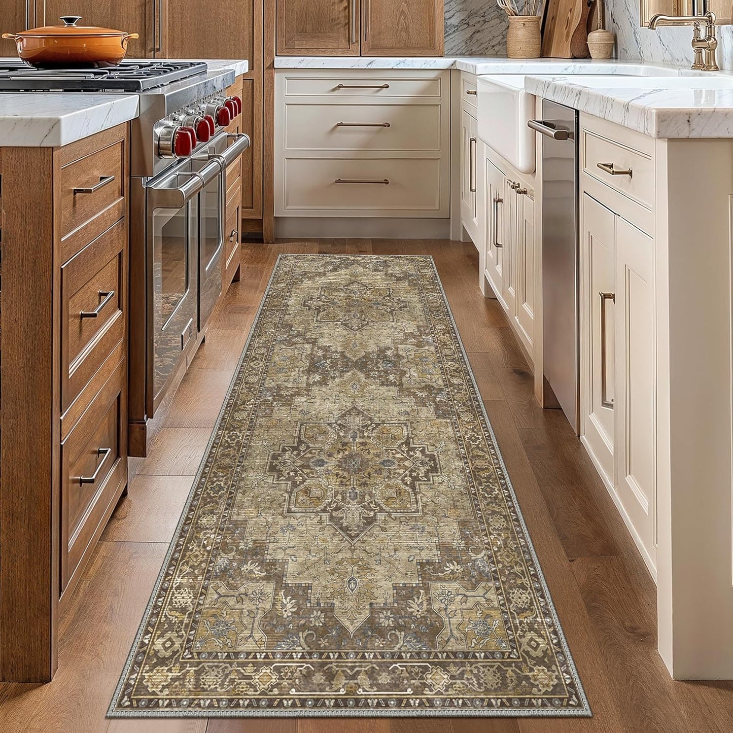 GENIMO 2x5 Runner Rugs for Hallway, Machine Washable Non Slip Vintage Retro Rugs, Low Pile Lightweight Soft Print Rug for enrtyway, Corridor, Home Office, Kitchen, Rustic Brown