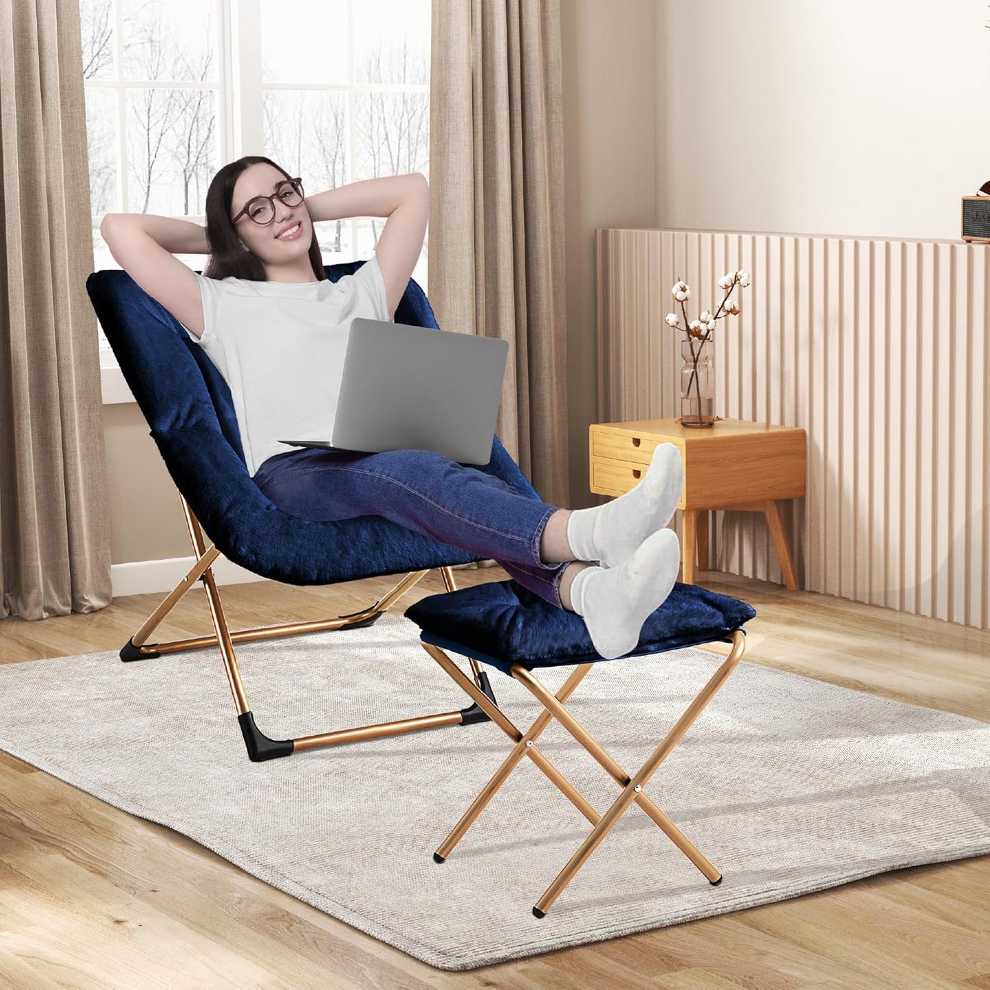 Comfy Oversized Saucer Chair with Ottoman,Soft Faux Fur Reading Lounge Chair for Adults,Stable X-Large Metal Frame and Non-Slip Pad,Cozy Chair for Bedroom, Living Room, Dorm, Office, Blue