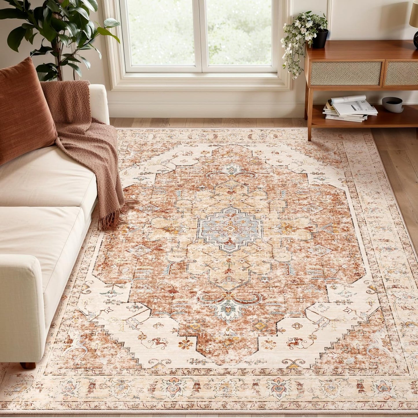 Tangsoo Area Rug 3x5 Bedroom Rug, Washable Vintage Indoor, Non Slip Accent, Print Distressed Brick Red Carpet, Soft Low Pile Rug for Living Room Dorm Bedroom Bedside Entryway Bathroom