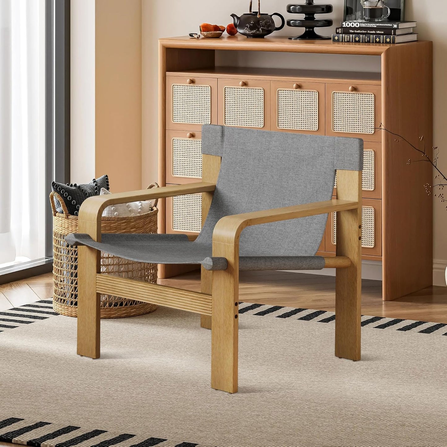 Ball & Cast Living Room Chairs,Mid-Century Lounge with Comfortable Linen Fabric Armchair & Rubber Wood Frame,Accent Chair Wide Armrest,Detachable and Washable Seating Furniture for Reading,Dark Grey