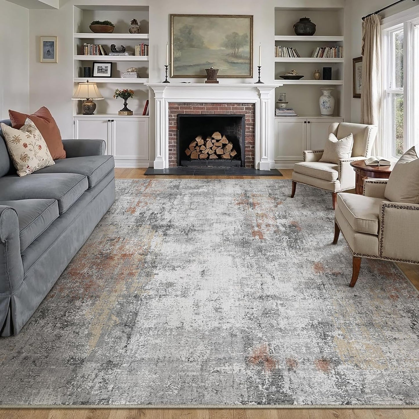 9x12 Washable Area Rug Grey Rust Modern Neutral Abstract Living Room Bedroom Indoor Floor Carpet Low Pile Soft Non-Slip Lightweight Vacuumable Large Throw Rug for Kitchen Dining Room