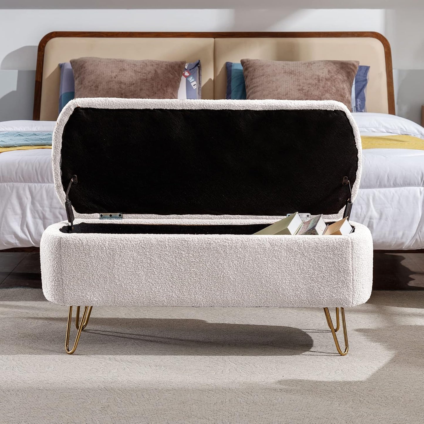 Storage Ottoman for End of Bed with Gold Legs, Modern Faux Fur Entryway Bench,for Living Room，Bedroom，End of Bed,Ivory White
