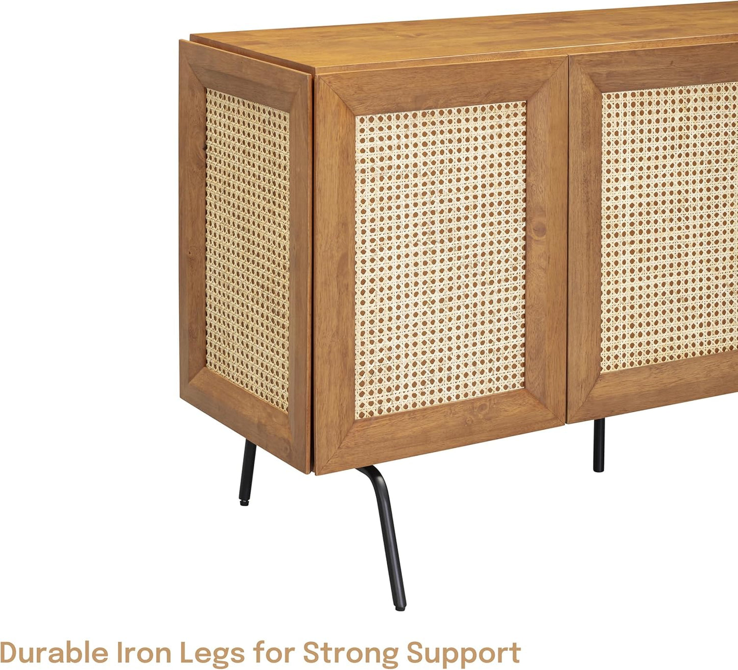 NTC MOSSIC Modern Sideboard with 3 Doors, Natural Rattan Storage Cabinet, Buffet with Metal Legs, Boho Accent Cabinet for Living Room, and Entryway, Effortless Assembly, Teak Look