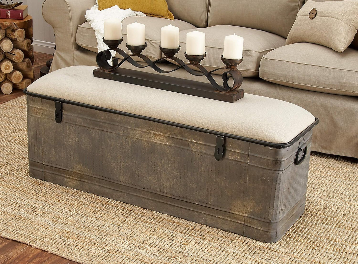 Deco 79 Metal Room Storage Bench Galvanized Entryway Bench with Cream Burlap Top, Bench 50" x 16" x 18", Gray