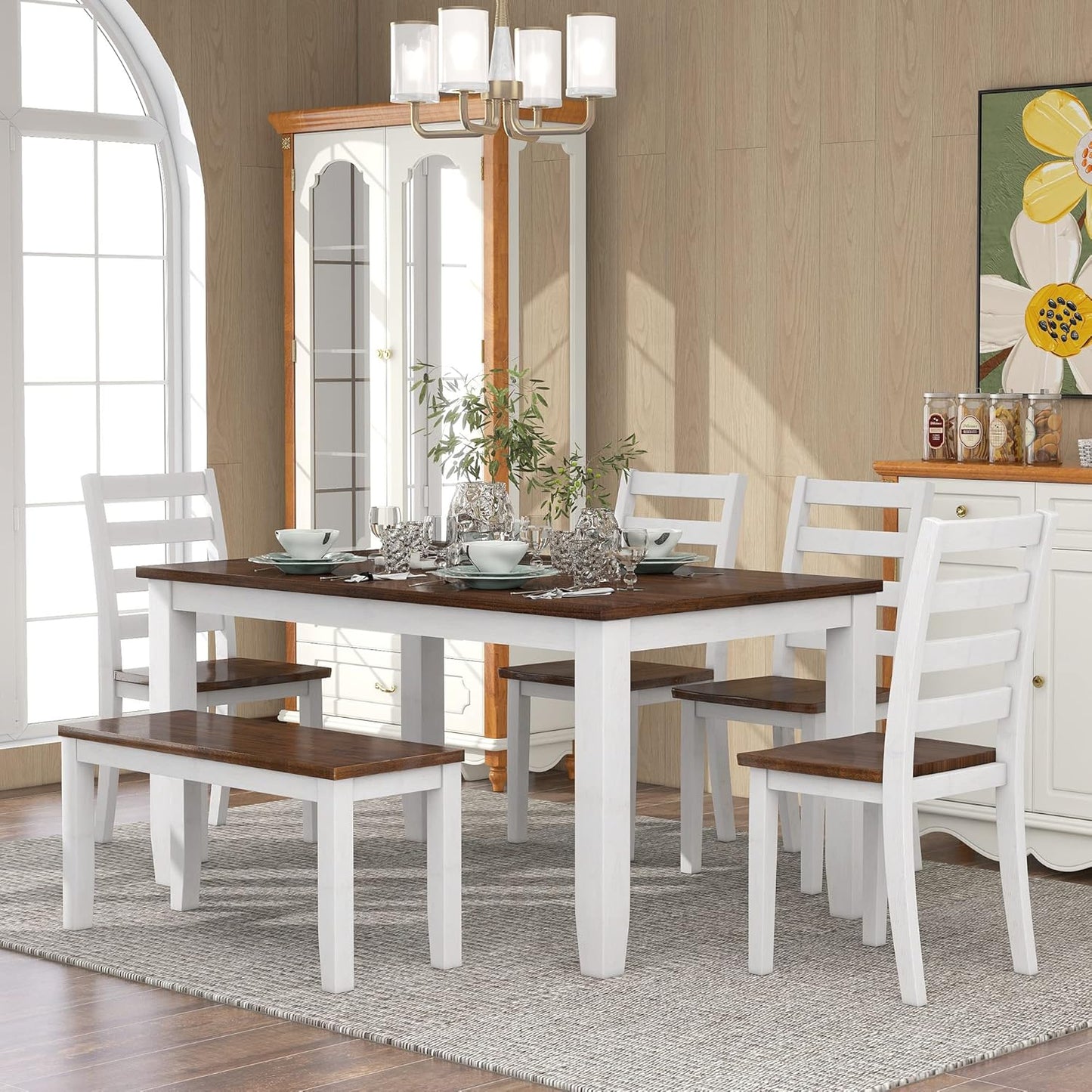 Ball & Cast 6 Piece Dining Table Set with 4 Upholstered Chairs & 1 Bench,Wooden Living Room Furniture W/ 60" Rectangle Kitchen Desk,for Restaurant,Home Bistro，Walnut + Cottage White