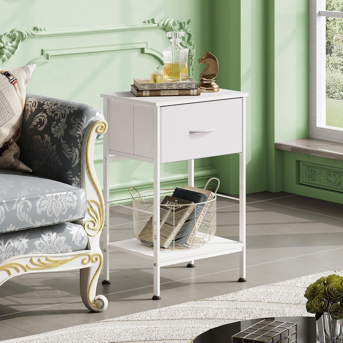 WLIVE White Nightstand, Night Stand with Fabric Storage Drawer and Open Wood Shelf, Small End Side Table, Bedside Table for Bedroom, Dorm, Easy Assembly, 25.03" Height