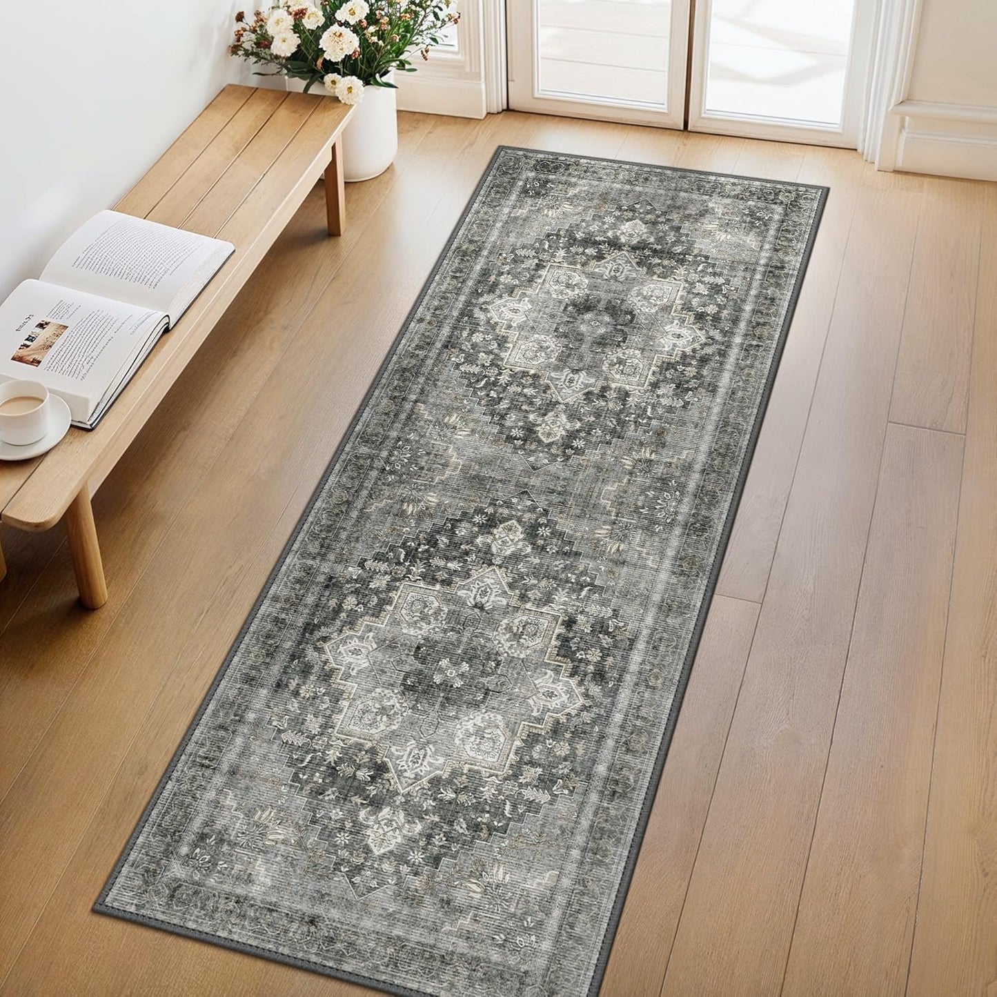GENIMO 2x10 Runner Rugs for Hallway, Machine Washable Non Slip Vintage Rugs, Low Pile Lightweight Soft Print Rug for enrtyway, Corridor, Home Office, Kitchen, Charcoal Gray