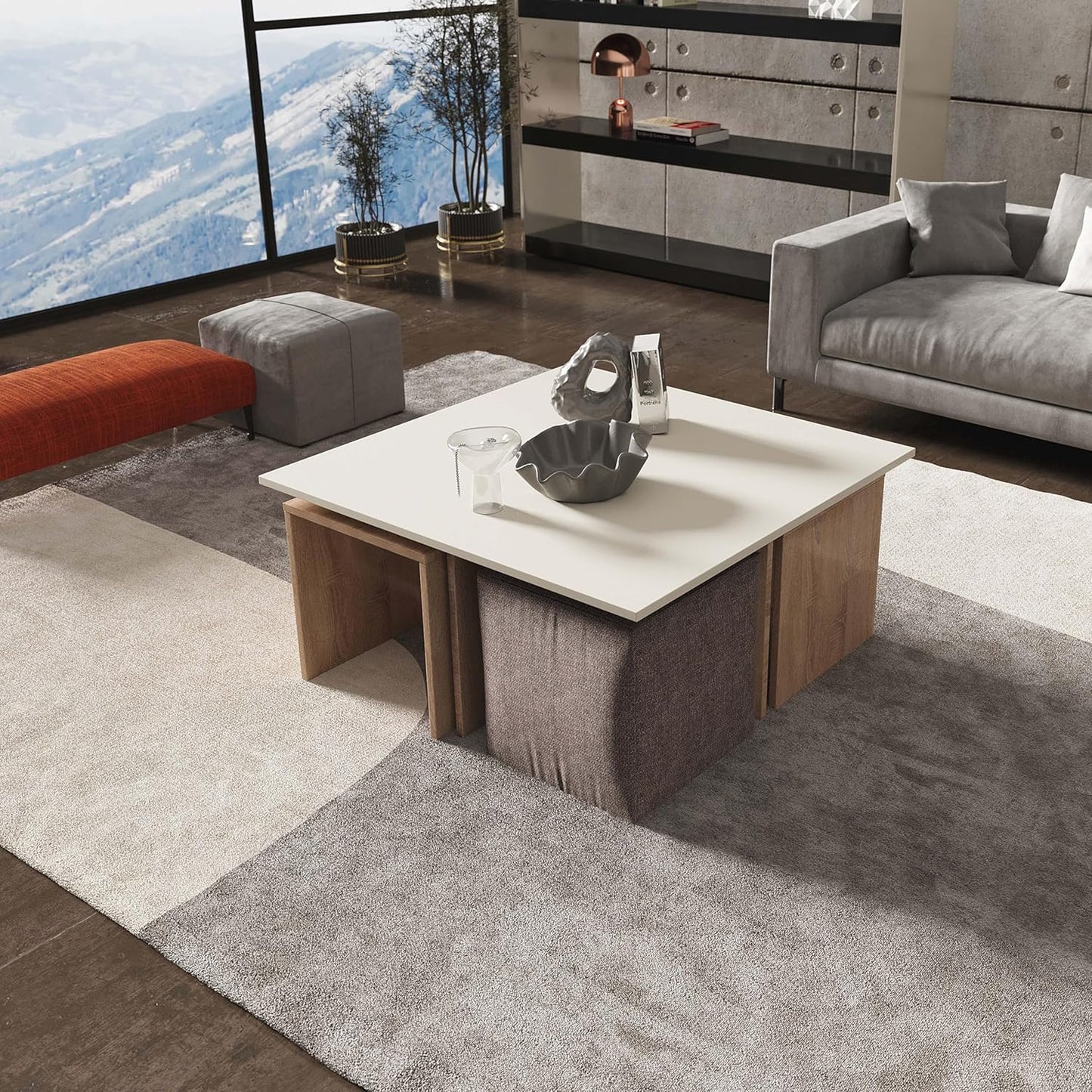 Manhattan Comfort Haley Mid Century Modern Coffee Table & Ottoman Set with Nested Design for Small Spaces, Versatile Living Room Furniture, Accent Decor, Natural and Nude