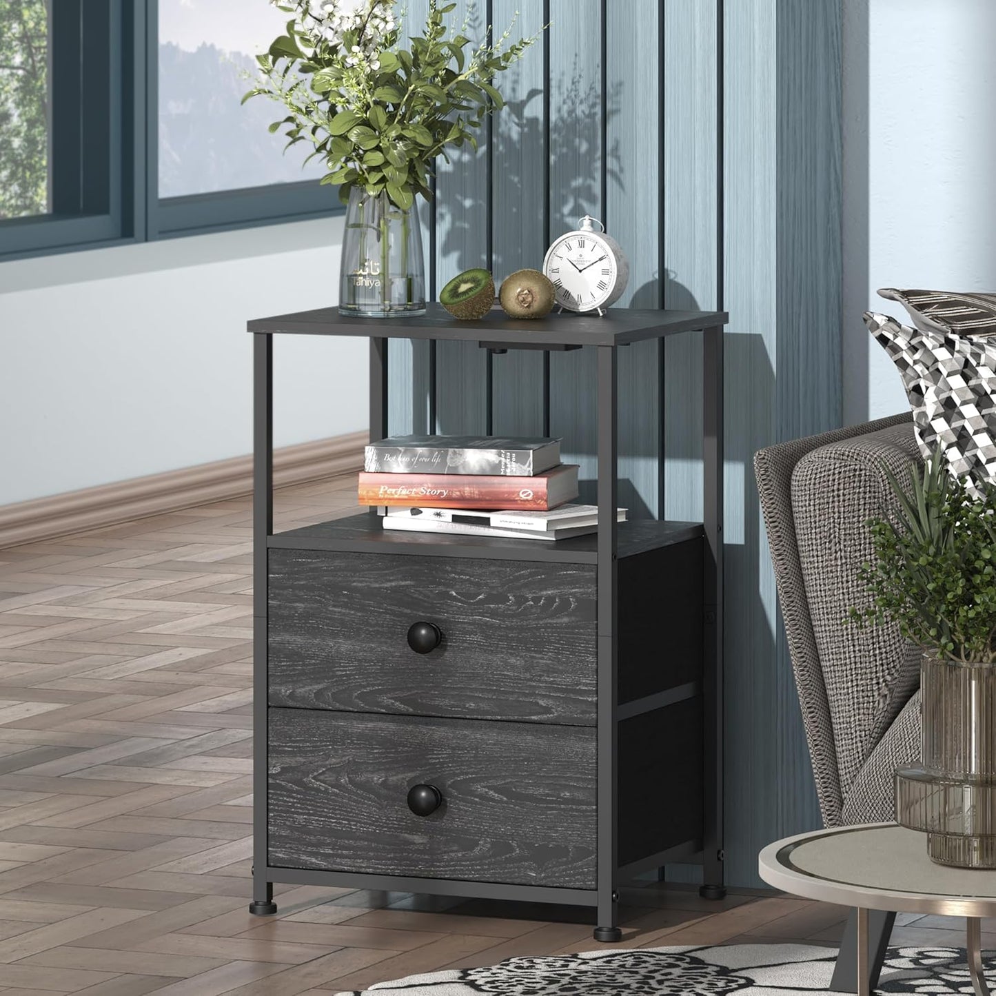 Tohomeor End Table with Charging Station, LED Light, Fabric Drawers, and USB Ports - Charcoal