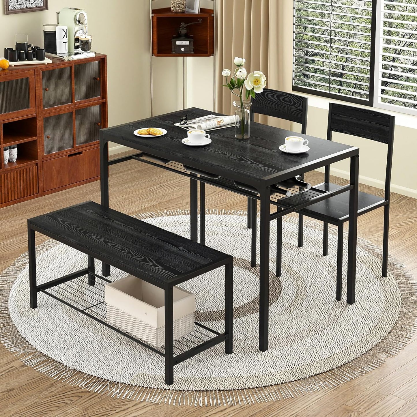 VECELO Kitchen Dining Room Table with 2 Chairs & Bench, Compact Space-Saving Design, Easy Assembly Steel Frame, Perfect for Small Apartments & Breakfast Nooks，Industrial