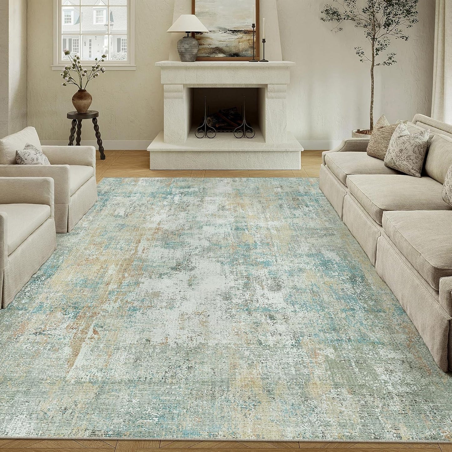 8x10 Washable Area Rug Teal Beige Modern Neutral Abstract Living Room Bedroom Indoor Floor Carpet Low Pile Soft Non-Slip Lightweight Vacuumable Large Throw Rug for Nursery Dining Room