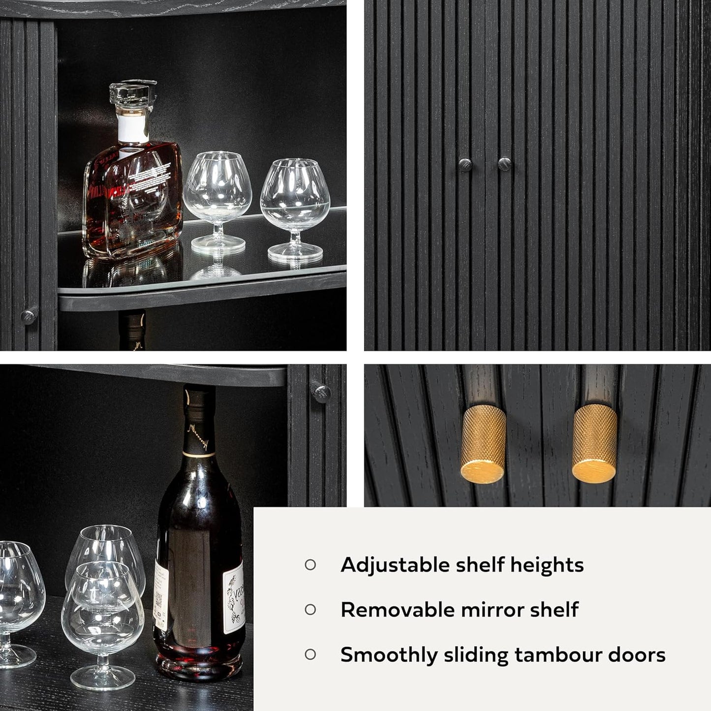 WERMO 28'' Black Bar Cabinet with Storage and Shelves - Coffee and Wine Bar Black Cabinet with Doors, Small Liquor Dining Room Sideboard, Narrow Living Room Credenza, Coffee Station (Black Oak)